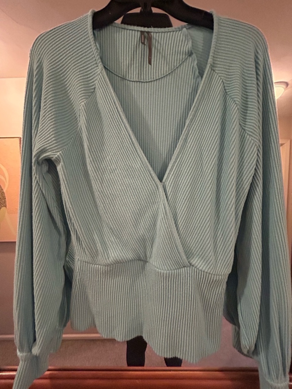 Anthropologie Light Blue Ribbed Wrap-Front Pullover